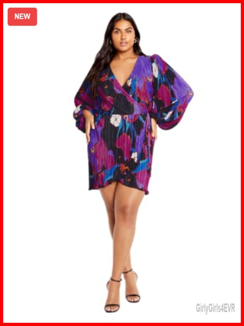 Plus Size Kira Print Dress Wrap V-Neck Balloon Sleeve Mini Ruffle Hem Casual